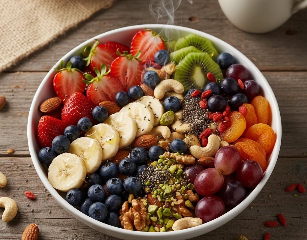 A bowl of fresh fruit and greens